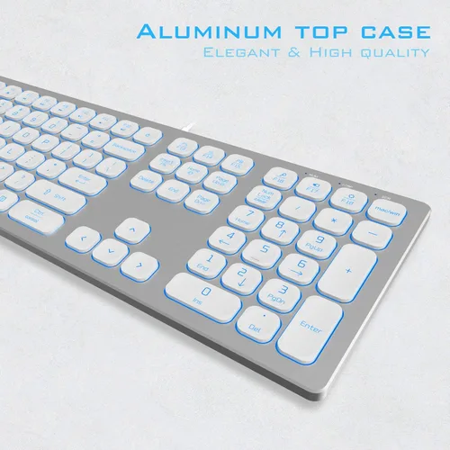 Vista 2 de POWZAN Teclado de Aluminio Silencioso con Cable Retroiluminado - Tecla Chiclet Delgada Compatible con Apple iMac, MacBook, Mac y PC, Teclado USB