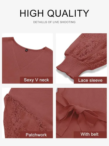 Vista 5 de MEROKEETY Vestido de suéter de manga larga con cuello en V para mujer, sexy, de punto envolvente, ajustado, con cinturón