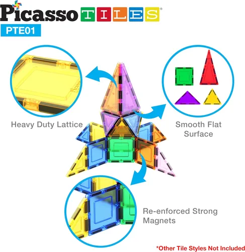 Vista 2 de PicassoTiles Juego de azulejos magnéticos de triángulo equilátero con imán, bloques de construcción educativos STEM para niños pequeños y niñas de 3