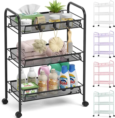 TOOLF Carrito de metal de 3 niveles, alambre de malla fácil de montar, carrito de almacenamiento con ruedas con 3 ganchos, estantería de