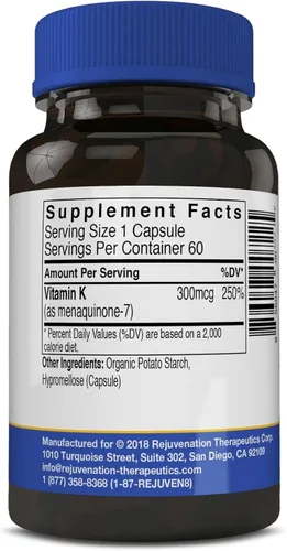 Vista 2 de Rejuvenation Therapeutics Vitamina K2 MK-7 Suministro para 60 días, alta potencia (300 mcg) Cápsulas vegetarianas fáciles de tragar