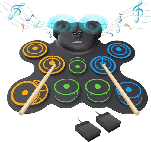MARVTOWN Juego de batería electrónica de 10 almohadillas, batería eléctrica, almohadilla de batería con conector para auriculares, 2 altavoces