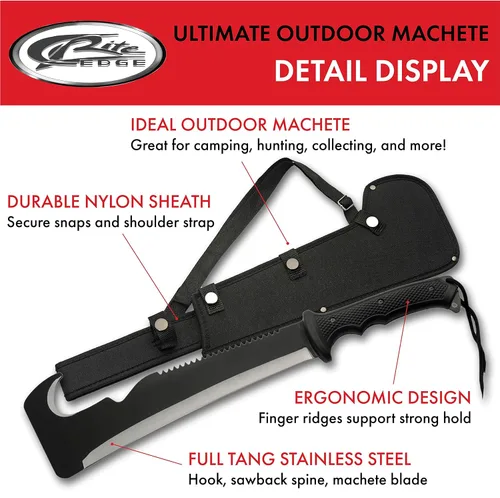 Vista 2 de SZCO Supplies Machete de supervivencia al aire libre Ultimate Hook And Sawback de 19.5" con funda de nailon, negro, 211561
