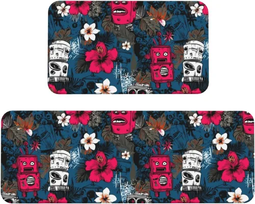Antifatigue Kitchen Mats for Floor 2 Piece - Tropical Retro Robots Print Kitchen Rugs Washable, Non Slip Runner Rug Standing Mat for