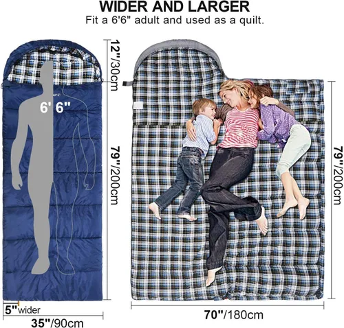 Vista 2 de REDCAMP Saco de dormir de franela para adultos, cómodos sacos de dormir de algodón para acampar con capucha desmontable, rojo/gris/azul/negro