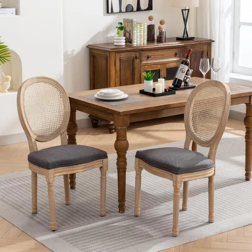 Vista 27 de Solid Wood Rattan-Back Dining Chairs Set of 2 with Linen Cushion & S-Springs, Durable Table & Chair Sets for Dining Room, Kitchen, Cafe, Living Room