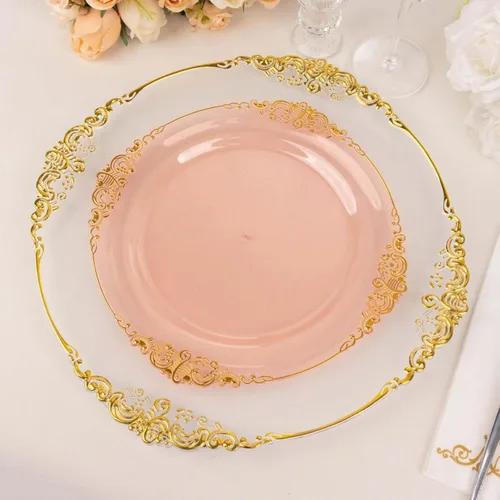 Vista 43 de Efavormart - Paquete de 10 platos redondos de plástico para ensalada de postre de 8 pulgadas, color negro/dorado, vajilla desechable con borde