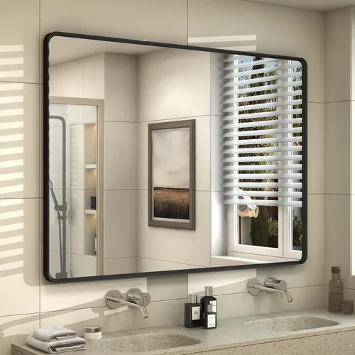 Vista 53 de OKPAL Espejo de Baño con Marco de Metal Negro de 40 x 36 Pulgadas para Pared, Espejo de Tocador de Baño Negro Mate, Espejo Rectangular Redondeado
