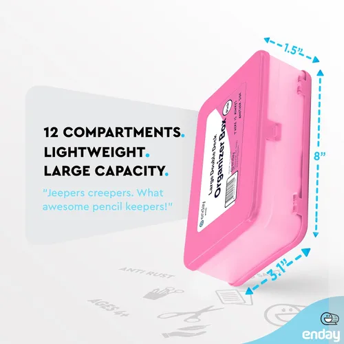 Vista 5 de Enday Caja de Lápices Rosa, Caja de Plástico de Gran Capacidad de Doble Nivel con 12 Compartimentos, Caja de Lápices de Plástico con Tapa de Cierre
