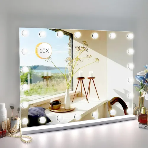 Espejo de tocador de maquillaje con luces, 10 x grandes con 22 bombillas LED regulables, 3 modos de color, control táctil para dormitorio, mesa o