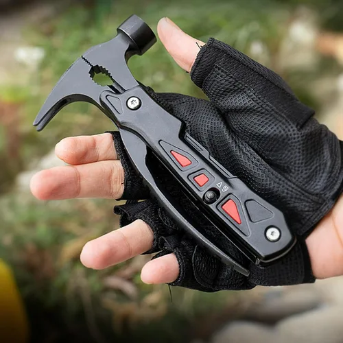 Vista 7 de Versátil martillo multiherramienta 12 en 1 - Kit de supervivencia al aire libre resistente con bloqueo de seguridad, alicates, cuchillo, sierra