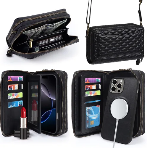 Vista 7 de Harryshell Funda compatible con iPhone 13 Pro Max de 6.7 pulgadas 2021, con múltiples cremalleras, funda magnética desmontable con ranuras para Negro