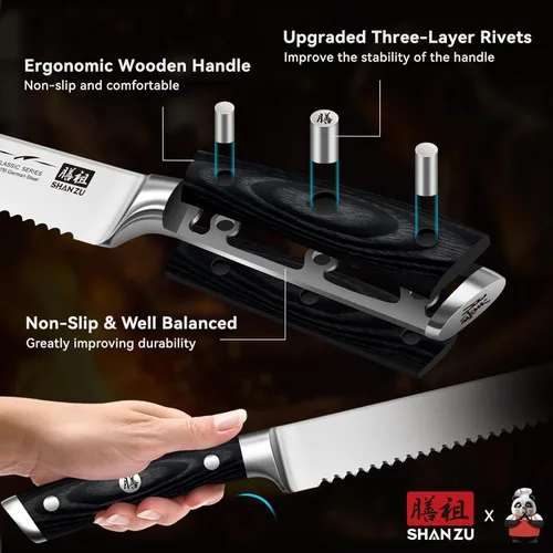 Vista 5 de SHAN ZU - Cuchillo para pan de 10" - Cuchillo profesional de rebanar masa madre, hoja serrada de acero inoxidable alemán 1.4116, mango ergonómico