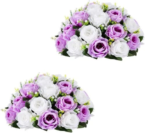 Vista 9 de Bolas de flores para centros de mesa, rosas de boda, 2 bolas de rosas artificiales con base, bola de flores falsas blancas, bola de beso, arreglo