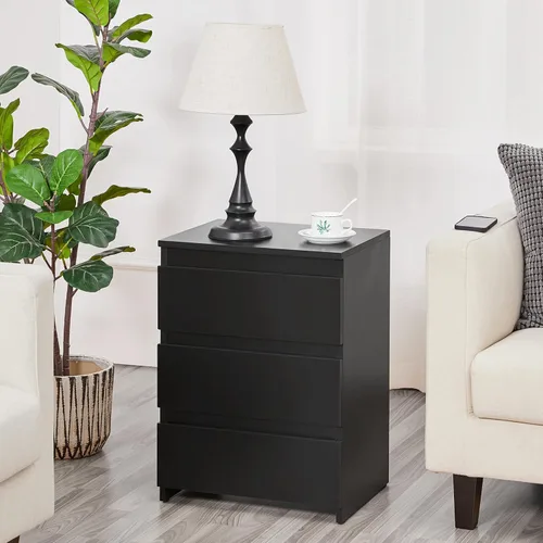 Vista 2 de Yaheetech - Mesita de noche con cajones, mesa auxiliar de cabecera con 3 cajones y base resistente, mesa de acento de madera con espacio de Negro
