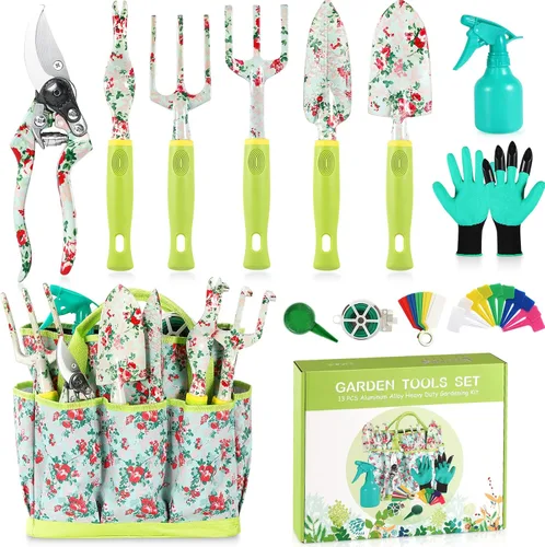 Juego de herramientas de jardinería, 13 piezas de herramientas de jardinería de aluminio resistente, juego de herramientas de jardín con estampado