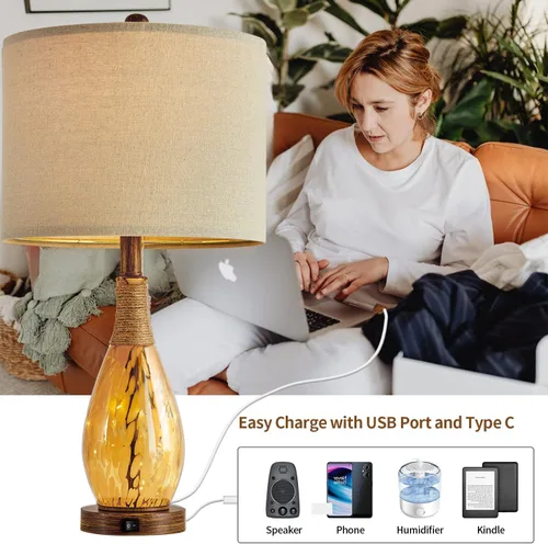 Vista 3 de OYEARS Lámpara de mesa USB A+C de 23 pulgadas para dormitorio, sala de estar, lámparas de noche modernas retro de casa de campo de ratán de cristal