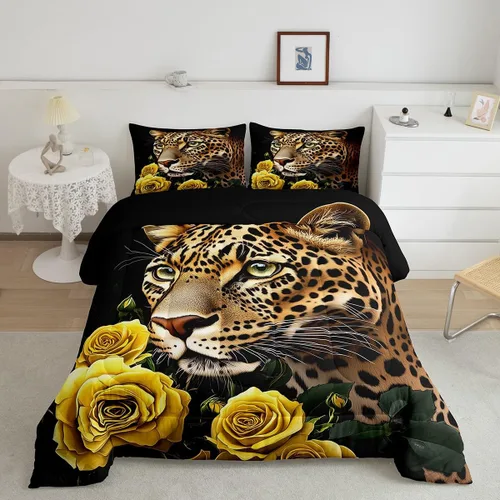 Vista 18 de Erosebridal Juego de ropa de cama de guepardo con rosa azul, juego de edredón con estampado de leopardo y gato, edredón romántico de plumón