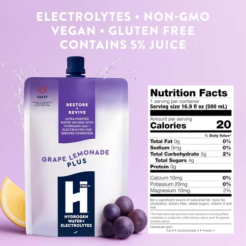 Vista 2 de HTWO Plus Agua de hidrógeno molecular con electrolitos, sabor a limonada de uva, paquetes de hidratación sin azúcar, paquete de 6 unidades de 16.9