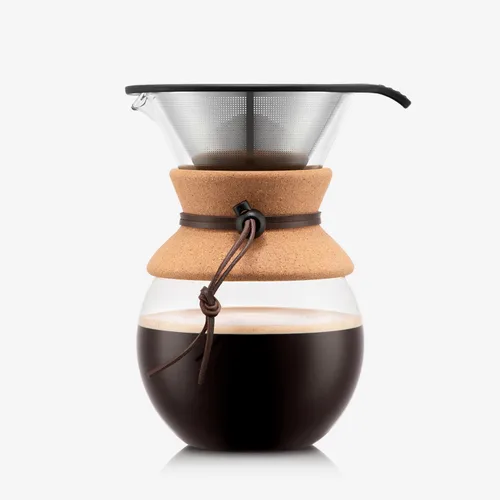 Vista 5 de Bodum Cafetera de Vertido de 34 onzas, Vidrio de Borosilicato Resistente a Altas Temperaturas con Filtro de Acero Inoxidable Reutilizable y Agarre