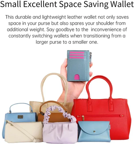 Vista 5 de Cartera delgada para mujer, pequeña cartera de cuero con bloqueo RFID, tarjetero minimalista con bolsillo frontal con monederos y bolsas, Azul