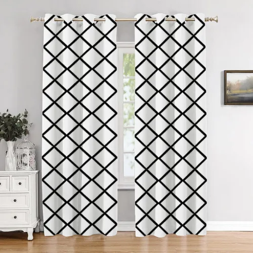Vista 191 de Cortinas opacas de poliéster multicapa para cafetería, con diseño de diamantes, 2 unidades, 26 x 24 pulgadas Líneas negras 1 blanco03