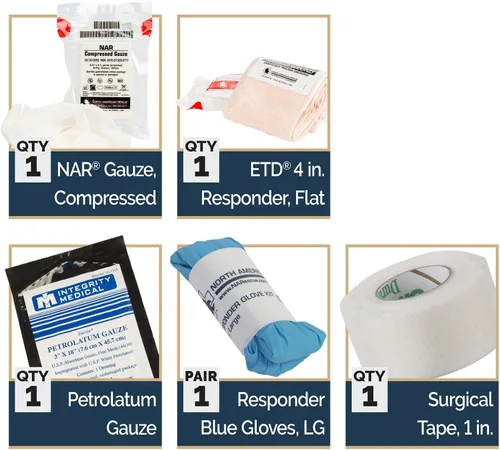 Vista 2 de North American Rescue Kit de ayuda individual NAR - Primeros auxilios compactos con gasa comprimida, gasa de vaselina, ETD, guantes, cinta