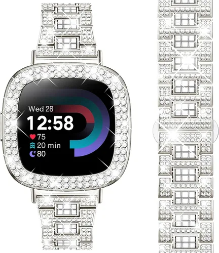 Vista 12 de Dsytom Bling Banda de Reloj Elegante Compatible con Fitbit Versa 4, Sense 2, Versa 3, Sense - Correa Linda con Funda Protectora de Rinstone
