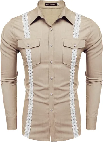 Vista 4 de KELLORENA Camisas de guayabera cubana de manga larga con botones, estilo mexicano, camisas de algodón para campamento