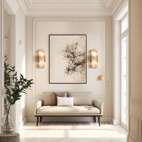 Vista 6 de YIOSI Juego de 2 apliques de pared de 13.8 pulgadas, lámparas de pared de alabastro, lámparas de tocador de latón para baño, lámpara de pared