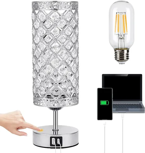 Vista 8 de Lámpara de mesa de cristal, lámpara de escritorio dorada con control táctil, para mujer, decoración de dormitorio, 2 puertos USB, mesita de noche