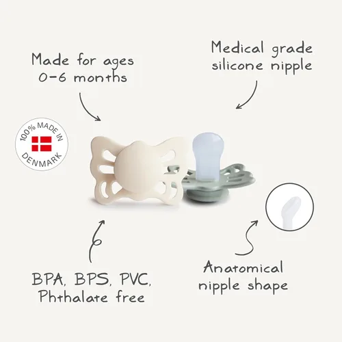 Vista 3 de FRIGG Butterfly Anatomical SilkySoft - Chupete de silicona para bebé, fabricado en Dinamarca, sin BPA (cedro/rosa bebé, 0-6 meses)