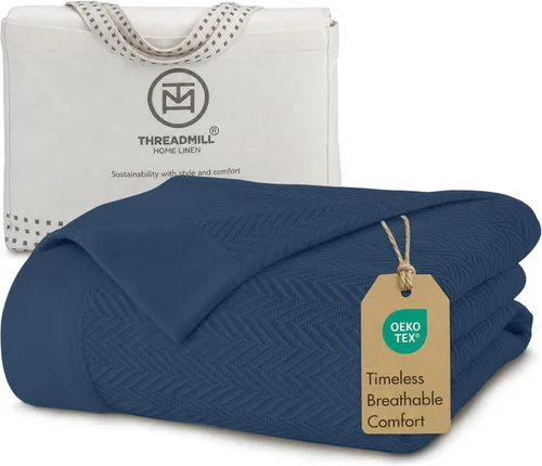 Vista 15 de Threadmill - Mantas de algodón de lujo para cama tamaño individual Manta 100% algodón para todas las estaciones para cama individual Manta Beige