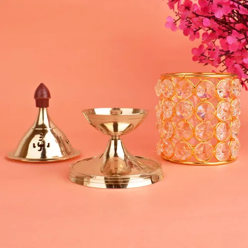 Vista 5 de Satvik - Lámpara de cristal decorativa de latón con forma ovalada para decoración de Diya Diya Diwali, lámpara de aceite de cristal decorativa