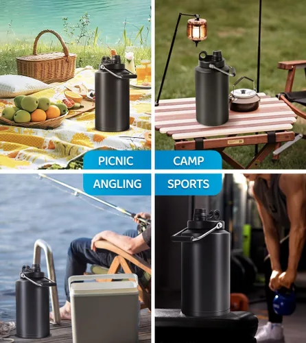 Vista 6 de Jarra de Agua de Galón, Botella de Agua Aislada, Jarra de 1 Galón con Asa, Botella de Agua Grande de Acero Inoxidable de 128 oz de Boca Ancha