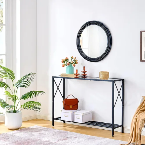 Vista 6 de Hoctieon Mesa consola de vidrio templado, mesas de consola de 2 niveles para entrada, mesa de entrada negra con almacenamiento, mesa de sofá, mesa