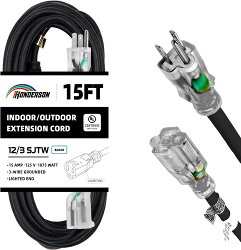 Vista 12 de Cable de Extensión HONDERSON con Extremo Iluminado, Certificado UL, Calibre 10, 1 Pie, Negro, 3 Puntas, Resistente, 10/3 SJTW, 15A, Cable de Energía