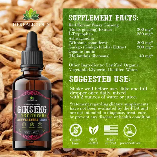 Vista 5 de Red Korean Panax Ginseng - Gotas líquidas con L-triptófano, Ashwagandha y ginkgo - Mezcla de adaptógenos herbales para el bienestar diario