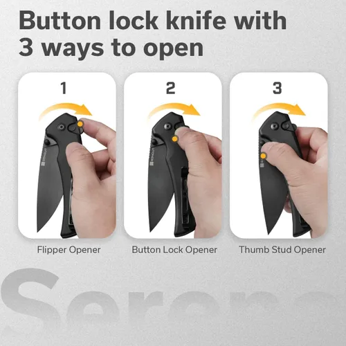 Vista 3 de SENCUT Navaja de bolsillo con bloqueo de botón para EDC, cuchillo plegable Serene, espárrago y abridor de aletas, mango de aluminio con hoja D2
