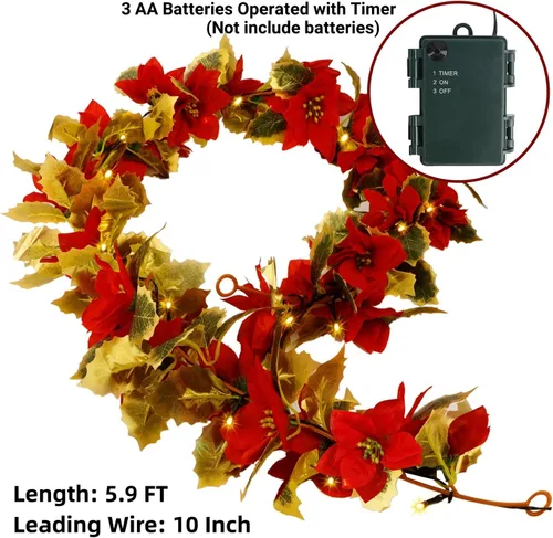 Vista 3 de Guirnalda de Navidad de Pascua de Glintoper, guirnaldas artificiales iluminadas de 5.9 pies con 36 flores rojas, luces de cadena de Pascua operadas