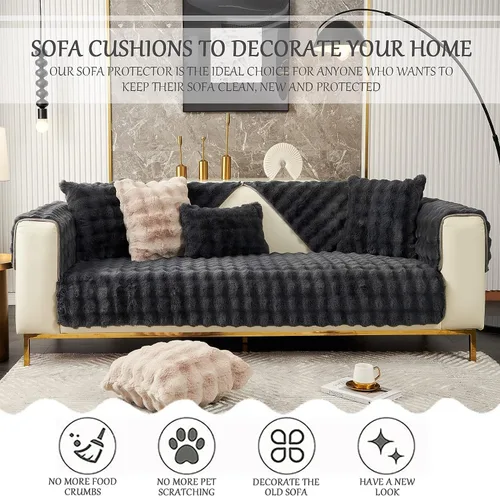Vista 2 de Funda para sofá esquinero de 3/2/1/4 plazas, funda antideslizante para sofá, funda de felpa de conejo de lujo, protector de muebles de piel Negro