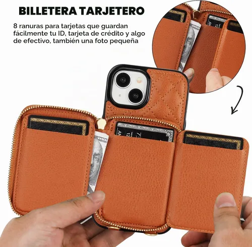 Vista 5 de Bocasal Funda tipo cartera con bandolera para iPhone 15, de cuero PU con bloqueo RFID, con cierre de cremallera, cartera tipo bolso con función Negro