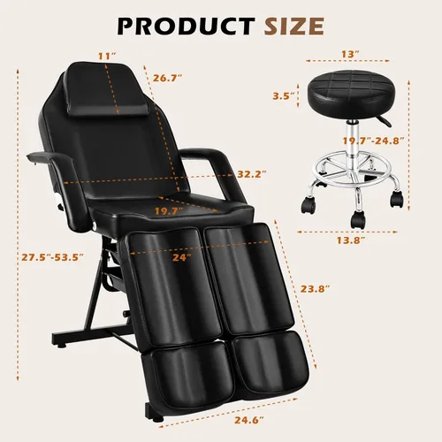 Vista 5 de Tattoo Chair for Client, Facial Bed Esthetician Massage Tattoo Table with Rolling Stool, Professional Adjustable Lash Chairs for Salon Spa Barber