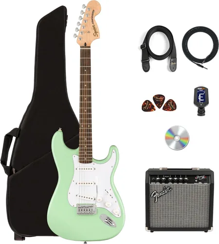 Vista 14 de Fender Squier Affinity Stratocaster HSS - Paquete Charcoal Frost Metallic con amplificador Frontman 10G, cable, funda, correa, púas, lecciones