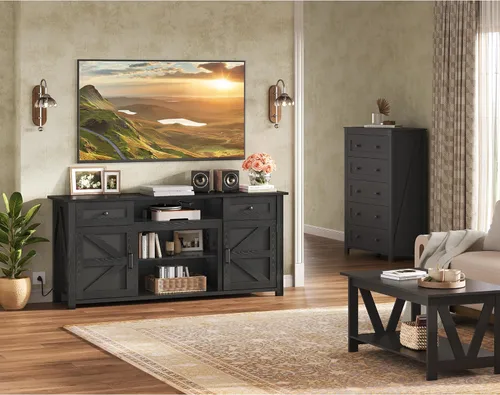Vista 9 de WLIVE Soporte de TV para TV de 65, 70, 75 pulgadas, moderno centro de entretenimiento de granja con toma de corriente integrada, consola de TV