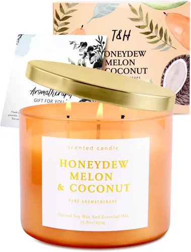 Vista 6 de Honeydew - Vela de soja de 3 mechas de melón y coco Vela perfumada grande de 15.8 onzas para el hogar Quemado limpio de larga duración Aroma