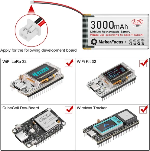 Vista 4 de MakerFocus Batería recargable de polímero de litio de 3.7 V 3000 mAh, batería LiPo 1S con placa de protección, cinta de goma aislada y enchufe JST