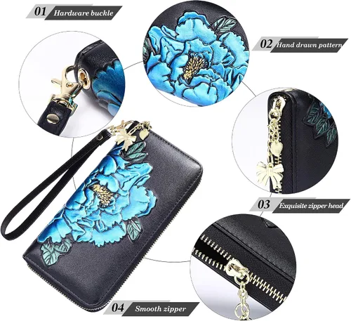 Vista 5 de FEITH & FELLY - Cartera con bloqueo RFID para mujer, de cuero grabado en relieve, talla única