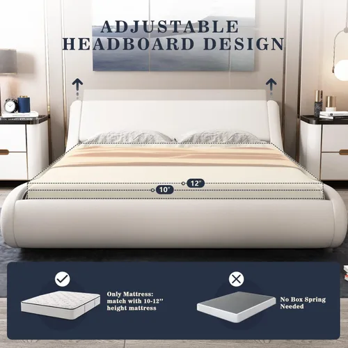 Vista 6 de Allewie Base de cama tamaño king con cabecera curvada ajustable, base tapizada con piel sintética, soporte de fuertes listones de madera se
