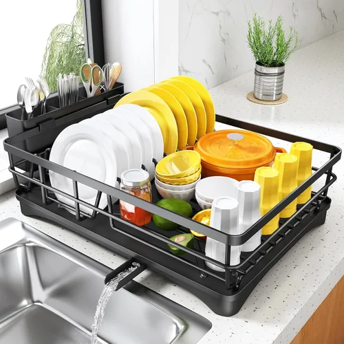 SNTD Escurridor de platos para encimera de cocina - Escurridor grande con bandeja de drenaje, escurridor de platos a prueba de óxido con soporte